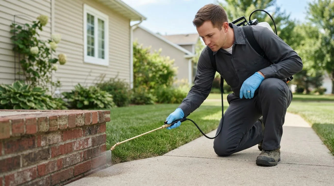Pest control technician treating a home near Burt, MI
